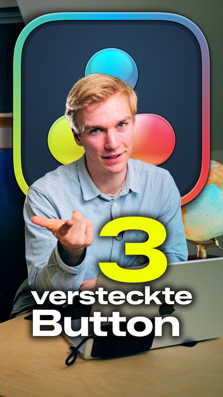Arne Görlitz vor einem großen DaVinci-Resolve-Logo, dazu der Text 3 versteckte Button
