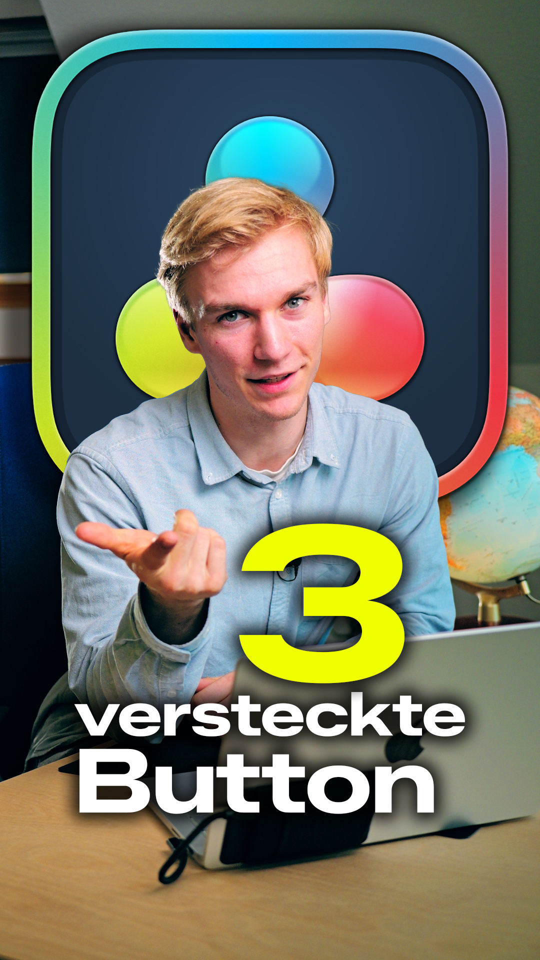 Arne Görlitz vor einem großen DaVinci-Resolve-Logo, dazu der Text 3 versteckte Button