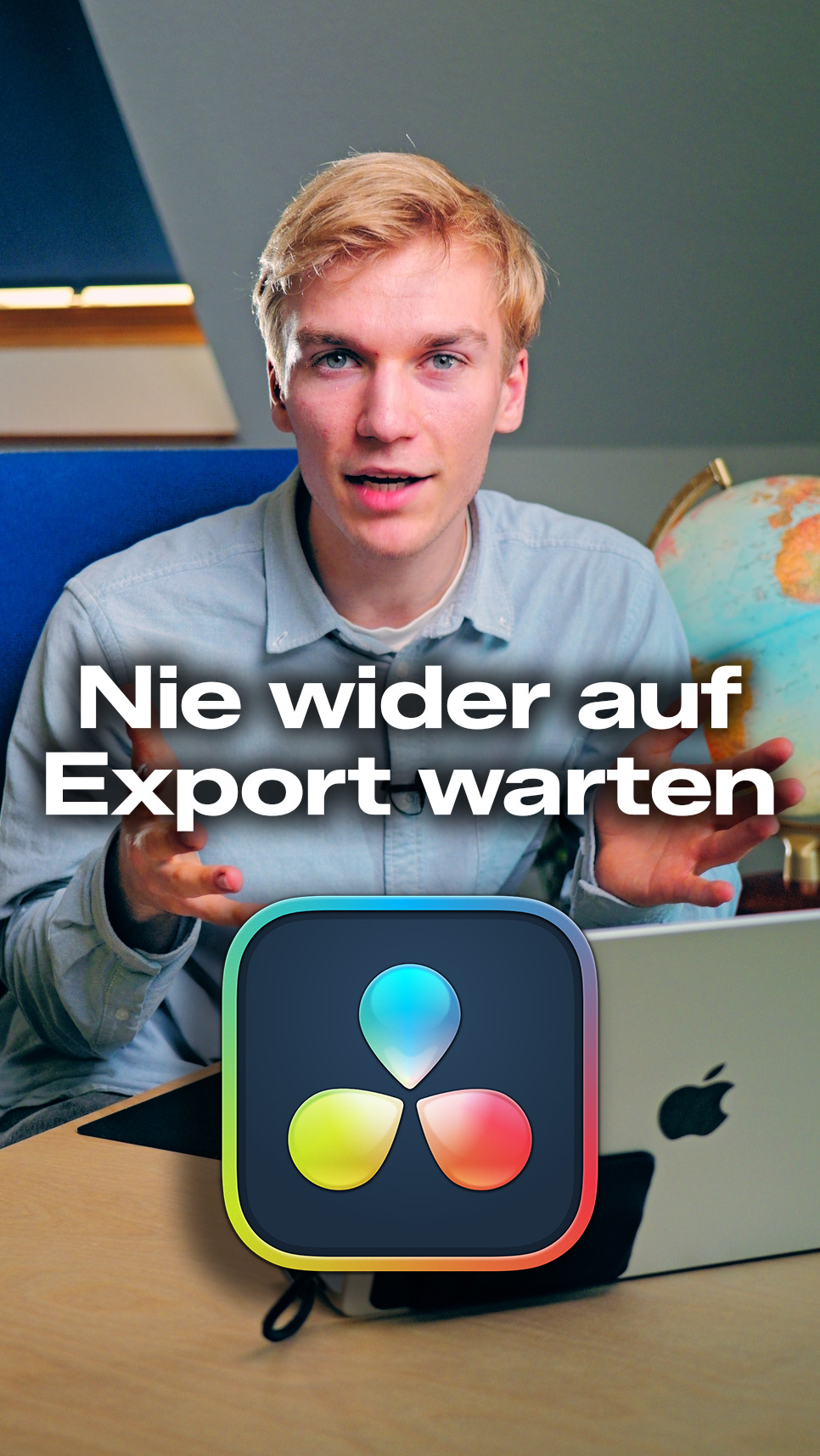 Arne Görlitz vor einem Laptop mit DaVinci-Resolve-Logo, dazu die Aussage, nie wieder auf den Export warten zu müssen