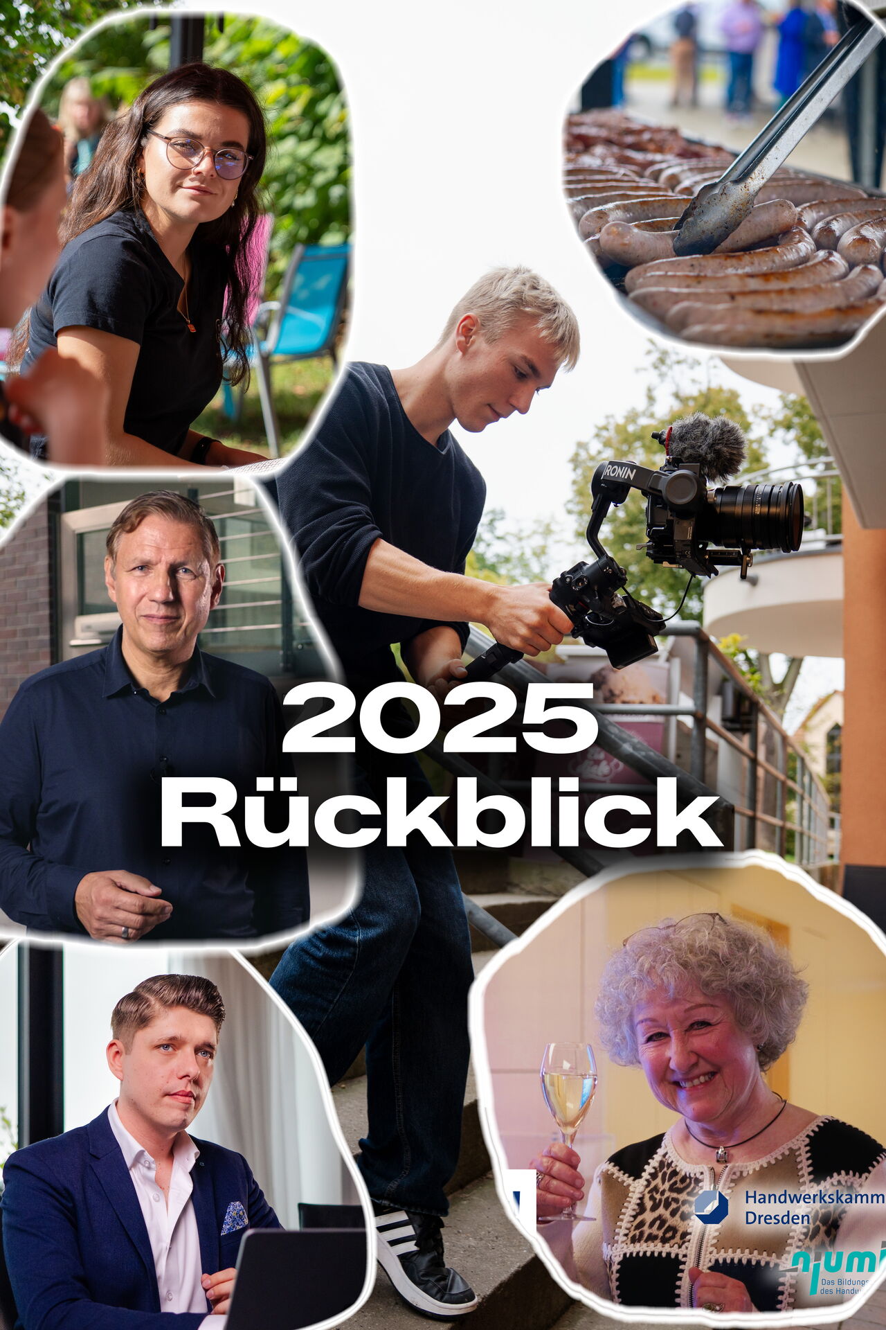 Collage zum Jahresrückblick 2025 mit Szenen aus Videodrehs, Personen und Grillgut, dazu der Schriftzug 2025 Rückblick
