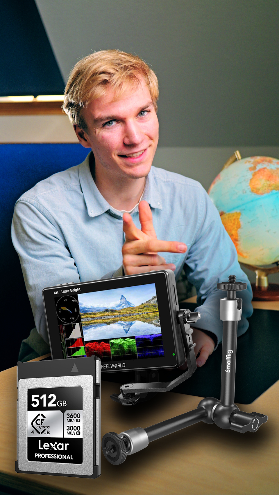 Arne Görlitz mit Kameramonitor, Magic Arm und Lexar-CFexpress-Karte mit 512 GB im Vordergrund